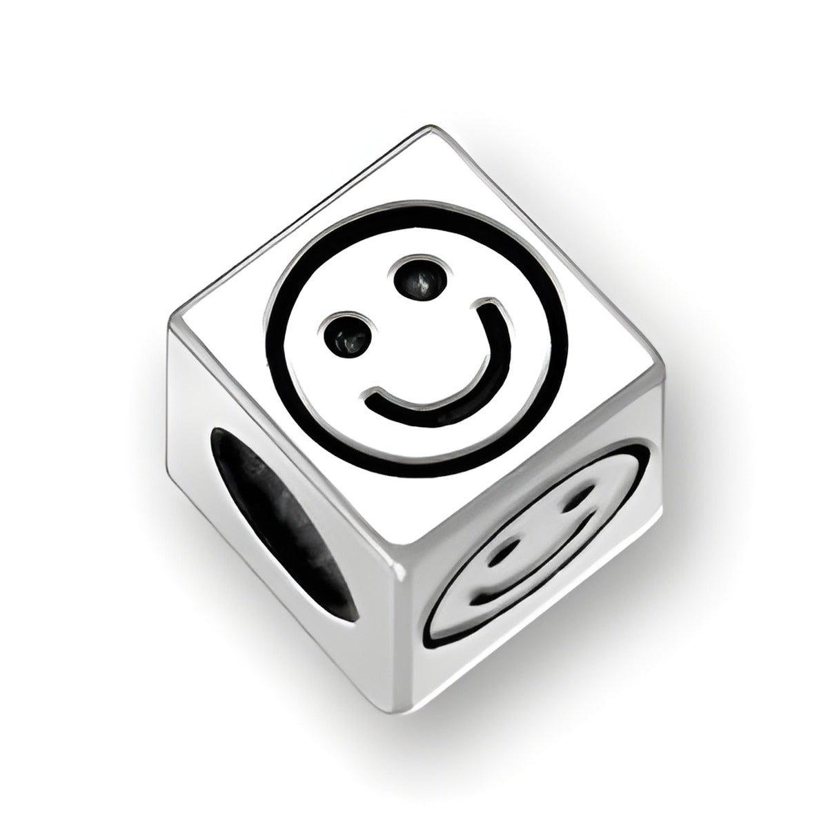 5.5mm square letter block bead in sterling silver featuring a smiley face design, with a 4mm hole for threading.