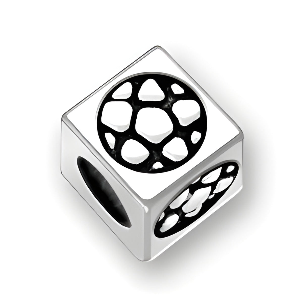 5.5mm Square Letter Block Bead in sterling silver featuring a soccer ball design, with a 4mm hole for threading.
