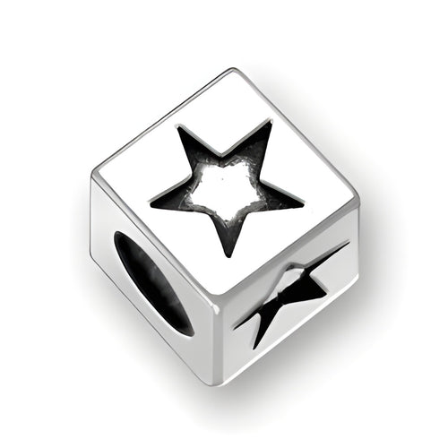 5.5mm square letter block bead in sterling silver featuring a star symbol design and a 4mm hole.