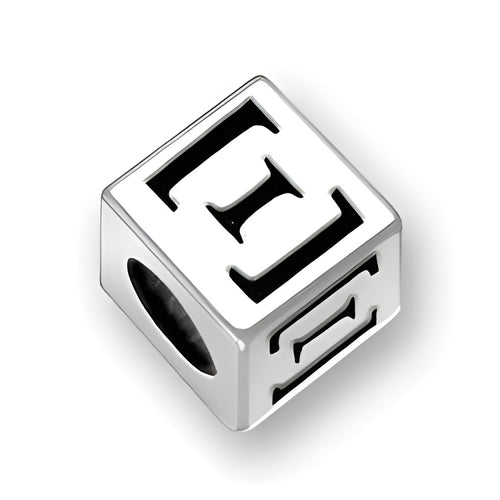5.5mm square letter block bead in sterling silver featuring the Greek letter Xi, with a 4mm hole for threading.