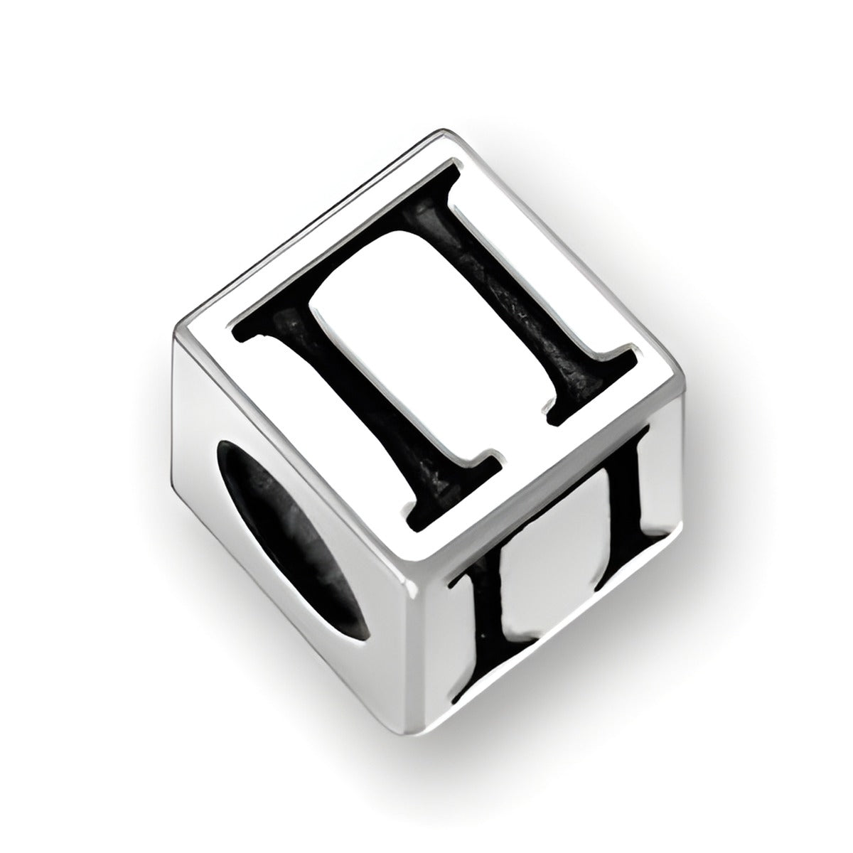 5.5mm square letter block bead in sterling silver featuring the Greek letter Pi, with a 4mm hole for threading.