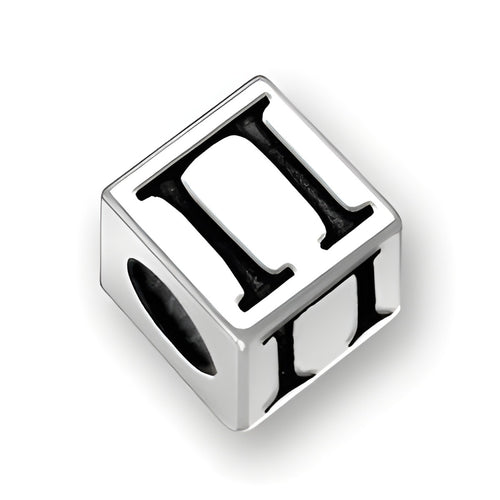 5.5mm square letter block bead in sterling silver featuring the Greek letter Pi, with a 4mm hole for threading.