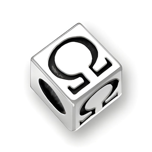 5.5mm square letter block bead in sterling silver featuring the Greek letter Omega design, with a 4mm hole.