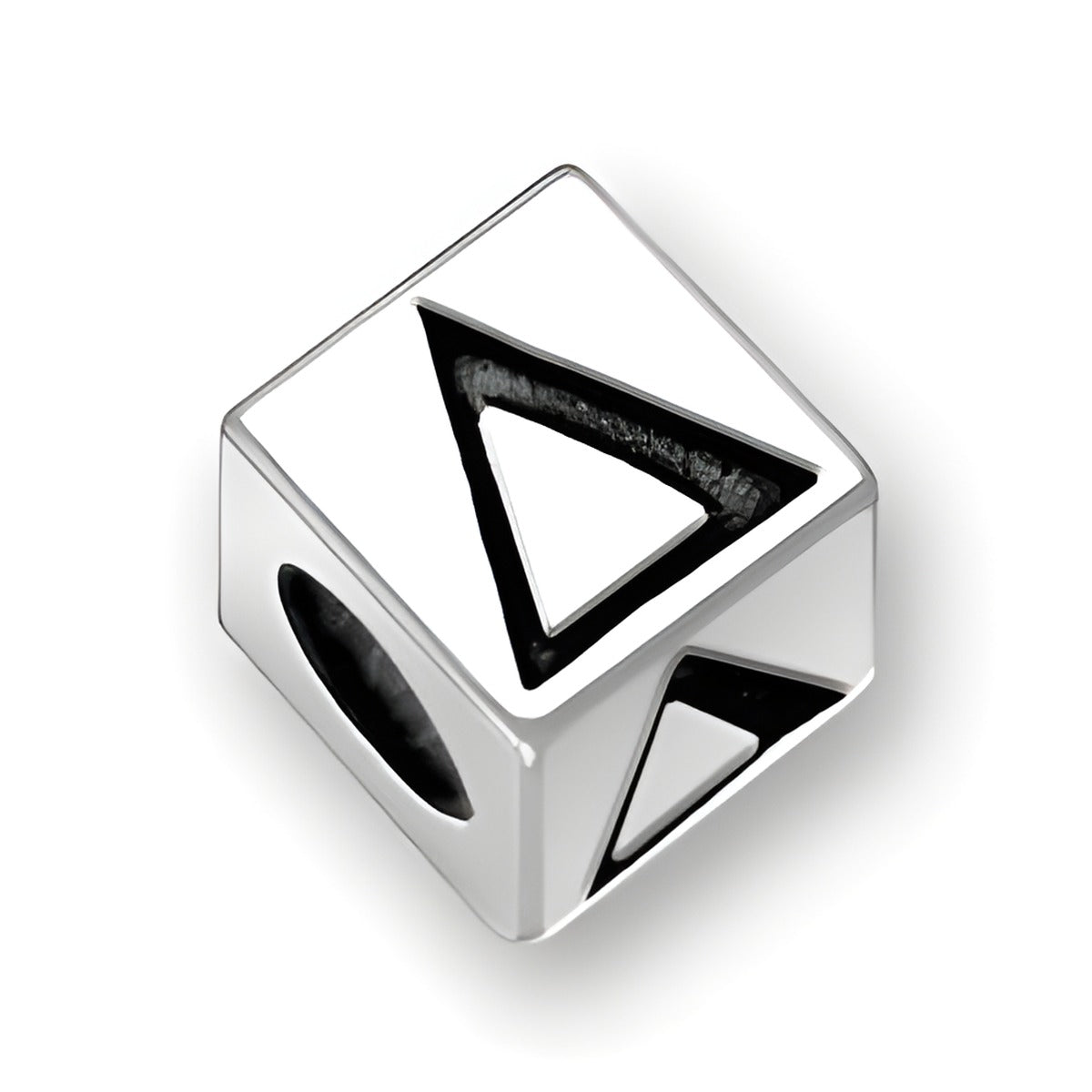 5.5mm square letter block bead in sterling silver featuring the Greek letter Delta, with a 4mm hole for threading.