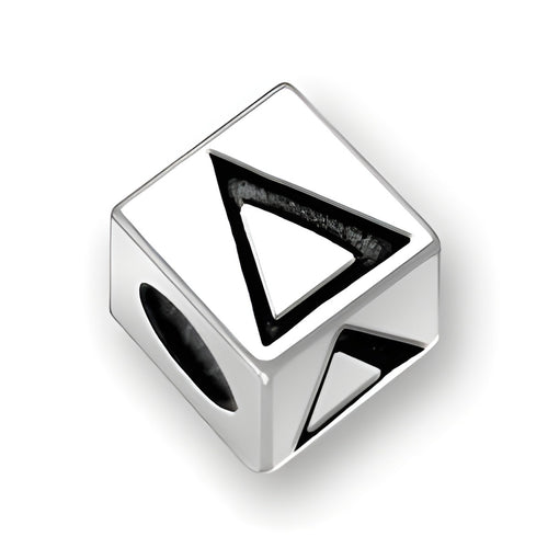 5.5mm square letter block bead in sterling silver featuring the Greek letter Delta, with a 4mm hole for threading.