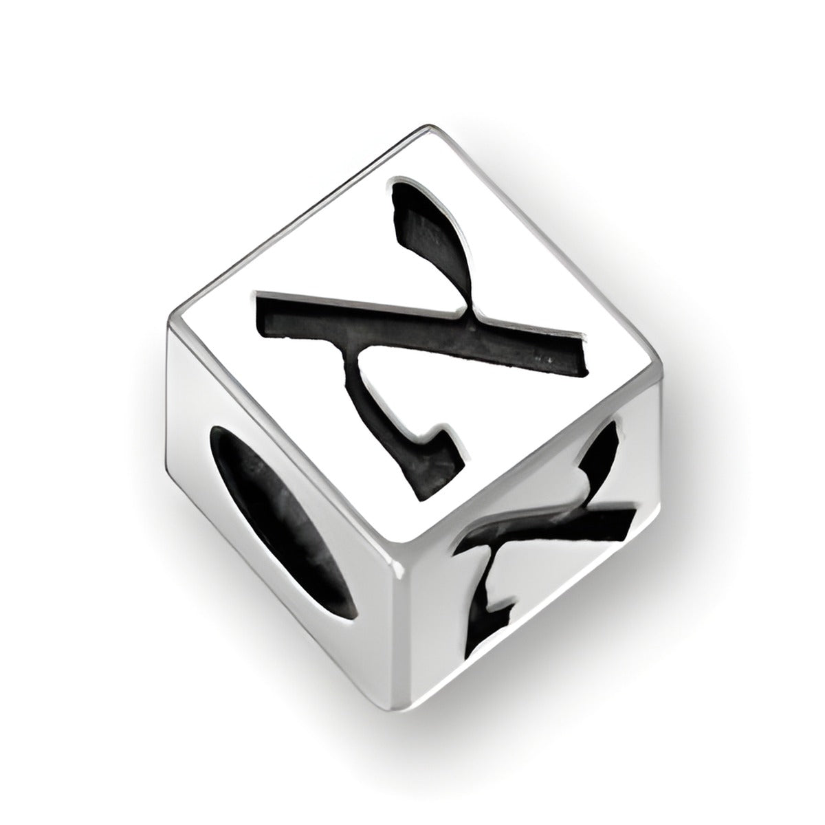5.5mm square letter block bead in sterling silver featuring the Hebrew letter Aleph, with a 4mm hole.