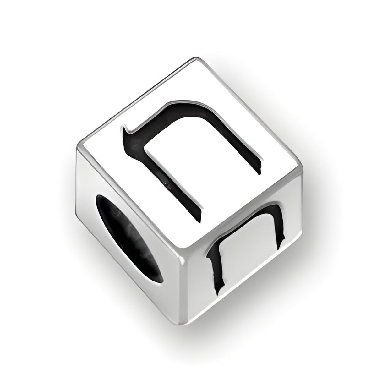 5.5mm square sterling silver letter block bead featuring the Hebrew letter 'Chet' with a 4mm hole.