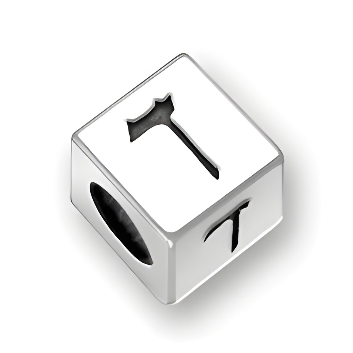 5.5mm square sterling silver letter block bead featuring the Hebrew letter 'Dalet' with a 4mm hole.