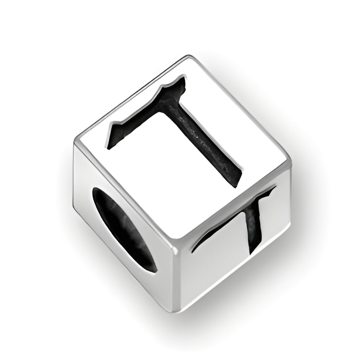 5.5mm square letter block bead in sterling silver featuring the Hebrew Final Kuf design, with a 4mm hole.