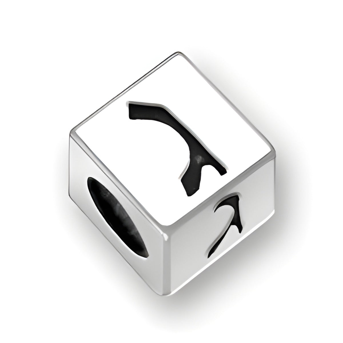 5.5mm square sterling silver letter block bead featuring the Hebrew letter Gimel, with a 4mm hole for threading.