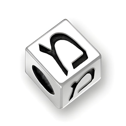 5.5mm square sterling silver letter block bead featuring the Hebrew letter 'Mem' with a 4mm hole.