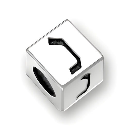 5.5mm square letter block bead in sterling silver featuring the Hebrew letter 'Nun' with a 4mm hole.