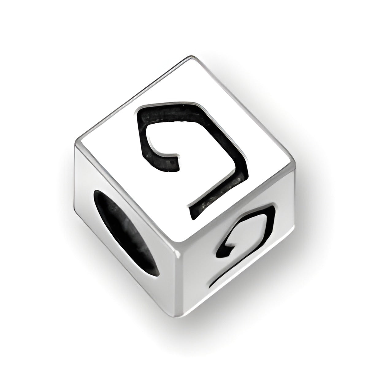 5.5mm square letter block bead in sterling silver featuring the Hebrew letter Pey, with a 4mm hole for threading.