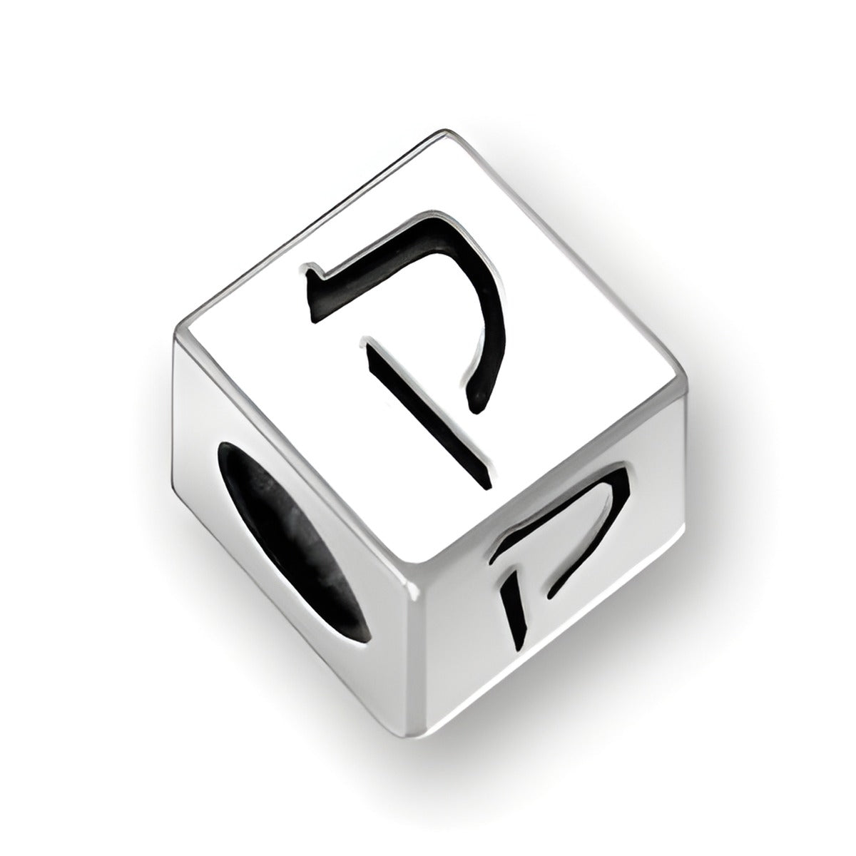 5.5mm square letter block bead in sterling silver featuring the Hebrew letter Qof, with a 4mm hole.