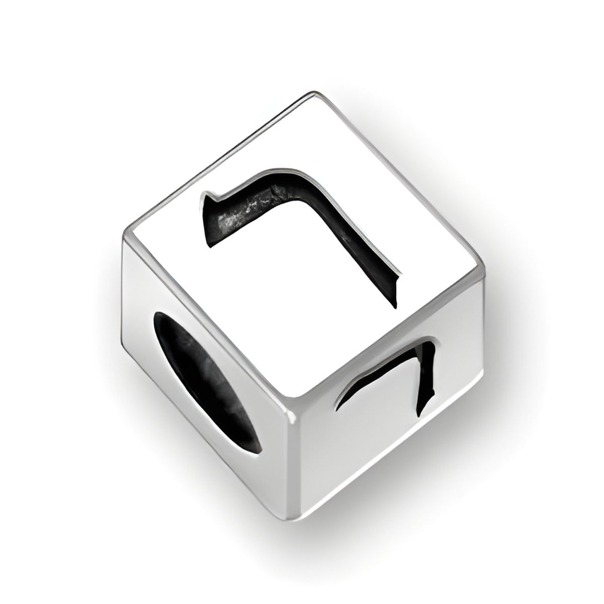 5.5mm square letter block bead in sterling silver featuring the Hebrew letter Resh, with a 4mm hole.