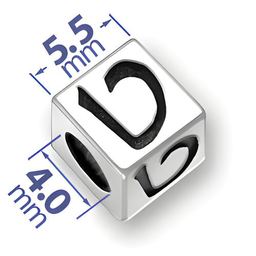5.5mm square sterling silver letter block bead featuring the Hebrew letter Tet, with a 4mm hole for threading.