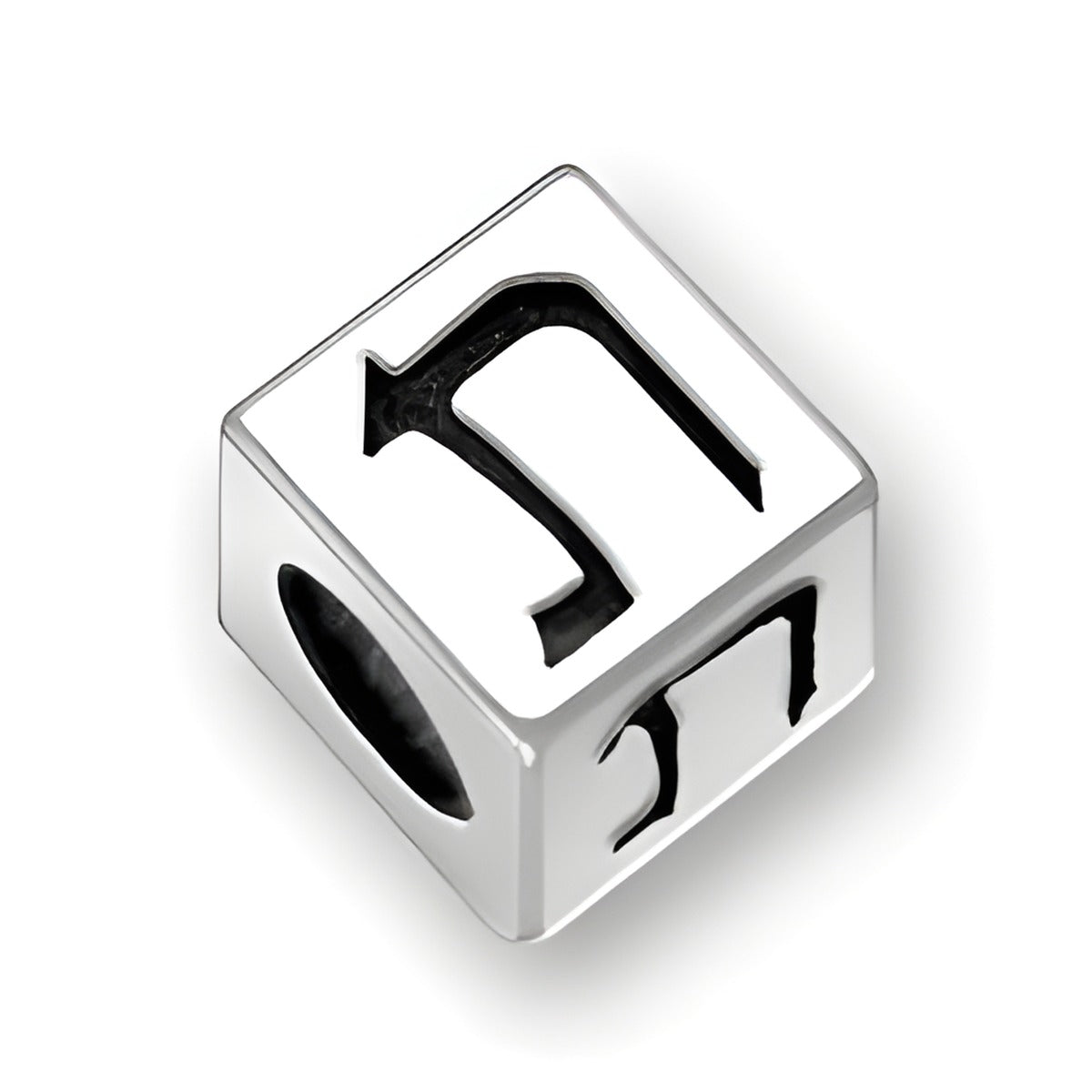 5.5mm square letter block bead in sterling silver featuring the Hebrew letter 'Tuv', with a 4mm hole.