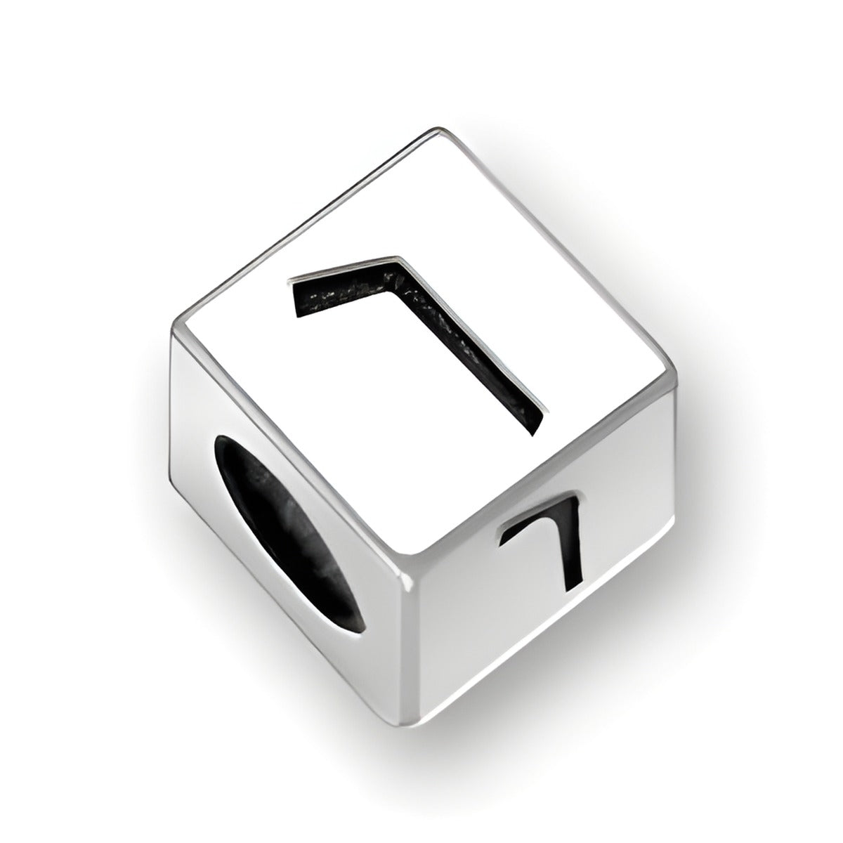 5.5mm square sterling silver letter block bead featuring the Hebrew letter Vuv, with a 4mm hole for stringing.