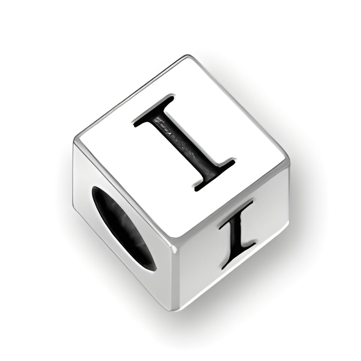 5.5mm square letter block bead in sterling silver, featuring the letter 'I' with a 4mm hole for threading.