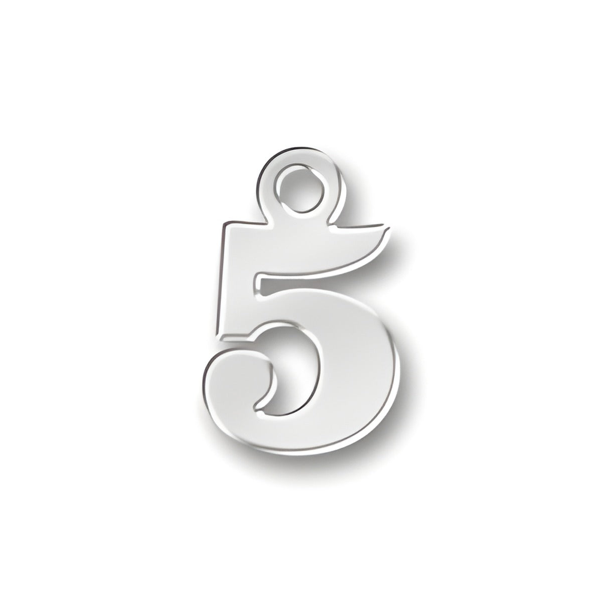 Charm Factory 5 Number Charm made of shiny silver metal, featuring a stylized number 5 design with a loop for attachment.