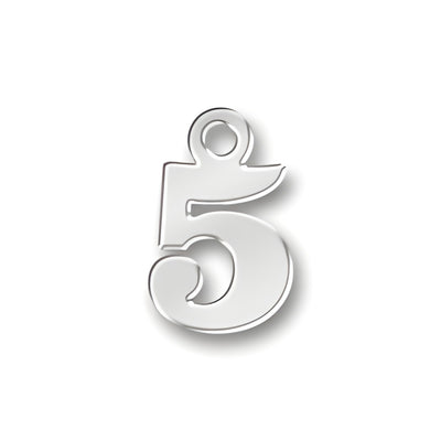 Charm Factory 5 Number Charm made of shiny silver metal, featuring a stylized number 5 design with a loop for attachment.