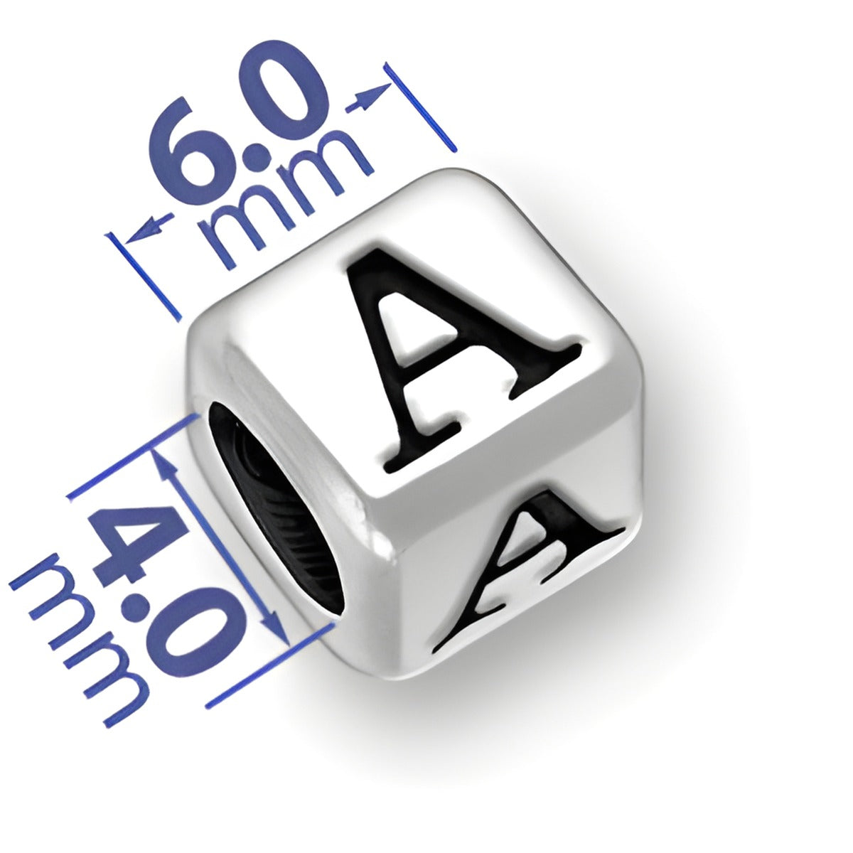 6mm rounded square letter block bead in sterling silver, featuring the letter 'A' with a 4mm hole.