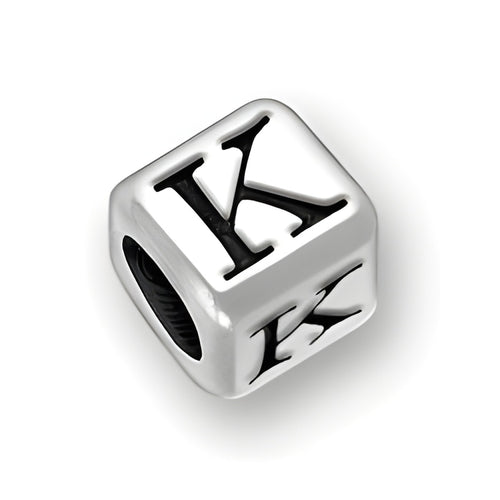 6mm rounded square letter block bead in sterling silver featuring the letter 'K' with a 4mm hole.
