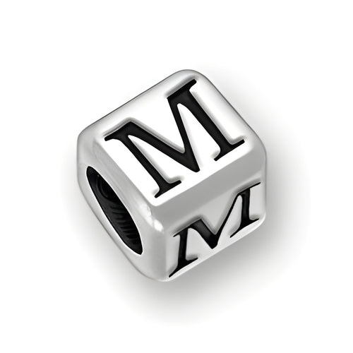 6mm rounded square letter block bead in sterling silver featuring the letter 'M' with a 4mm hole.