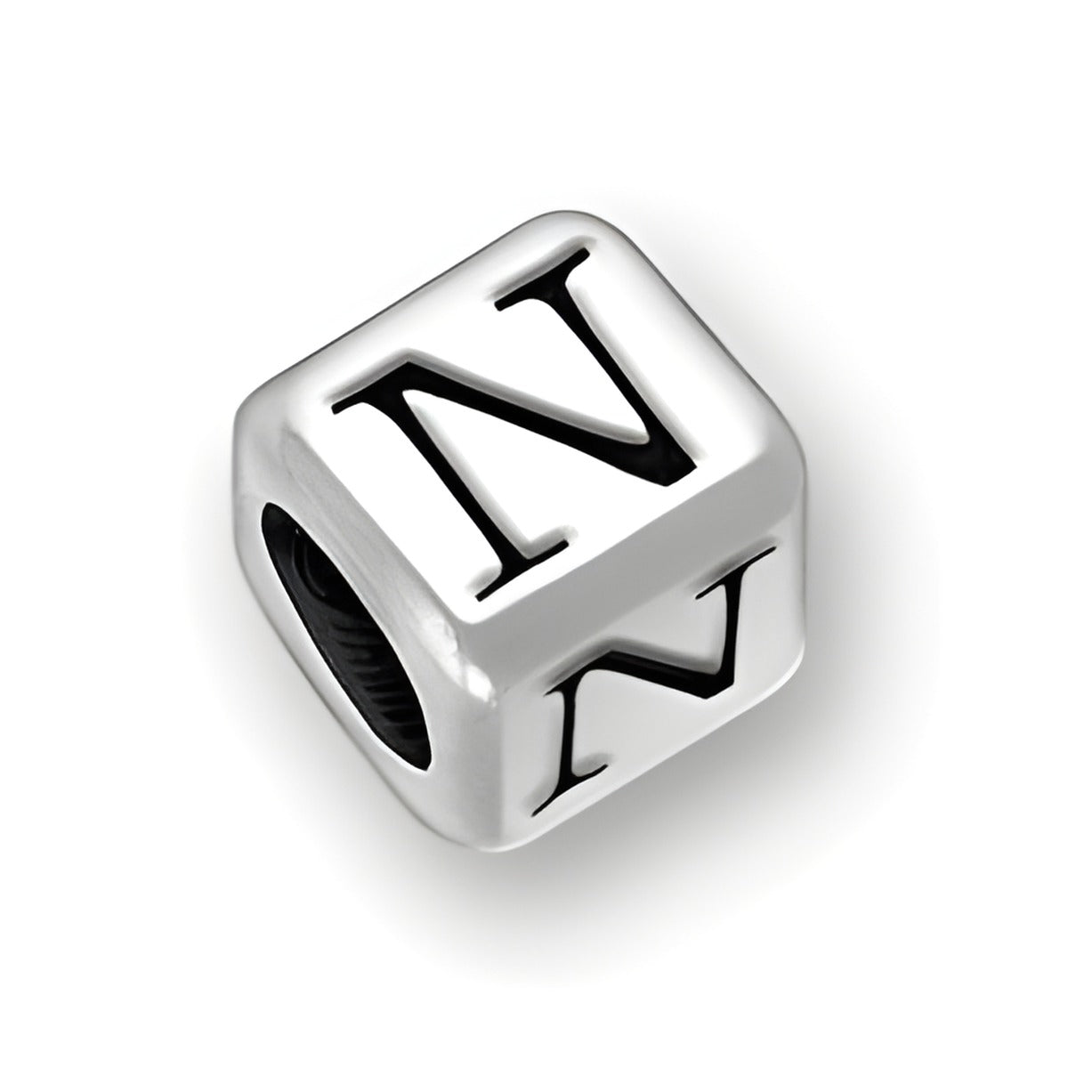 Sterling silver 6mm rounded square letter block bead featuring the letter 'N' with a 4mm hole.