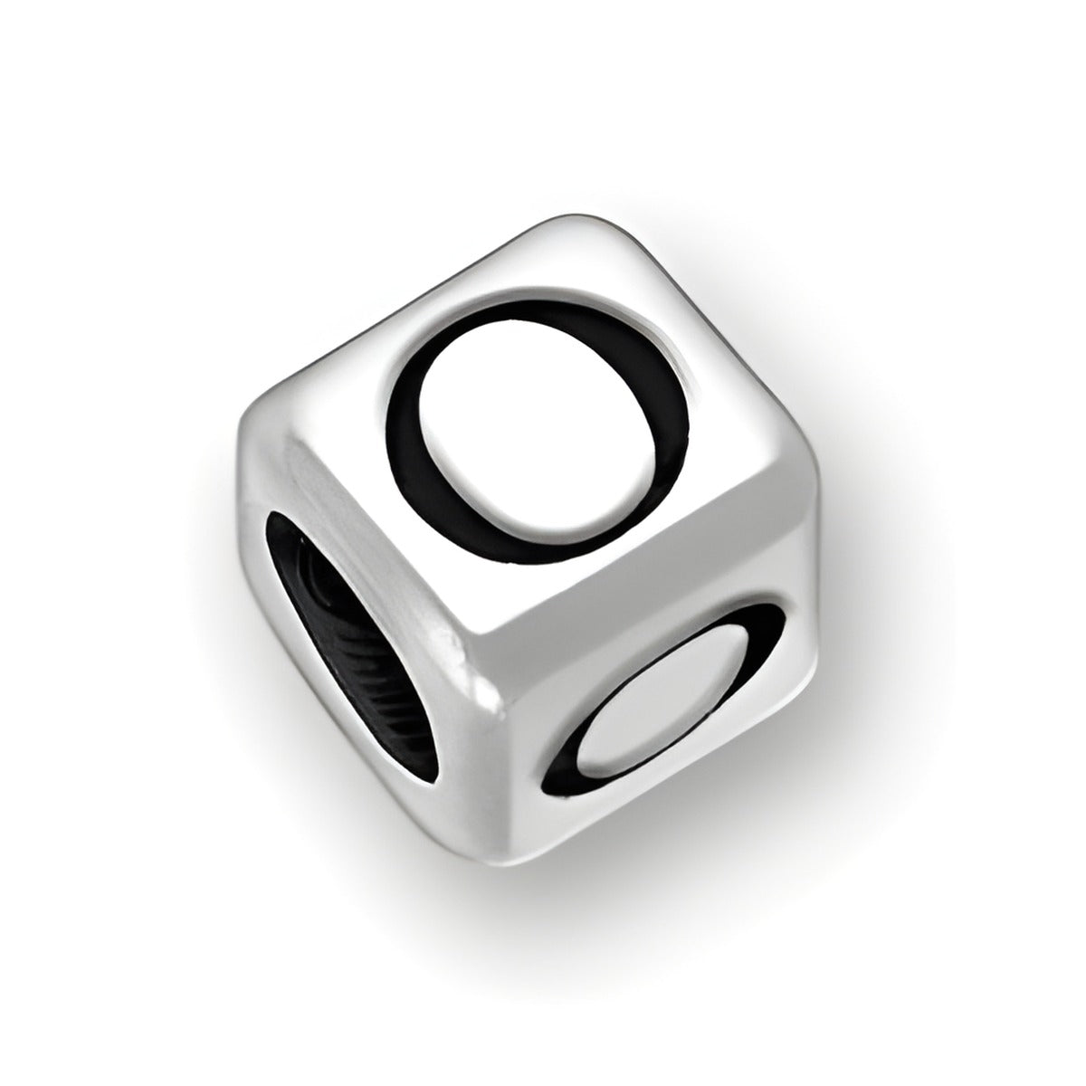 6mm Rounded Square Letter Block Bead in sterling silver, featuring the letter 'O' with a 4mm hole for threading.