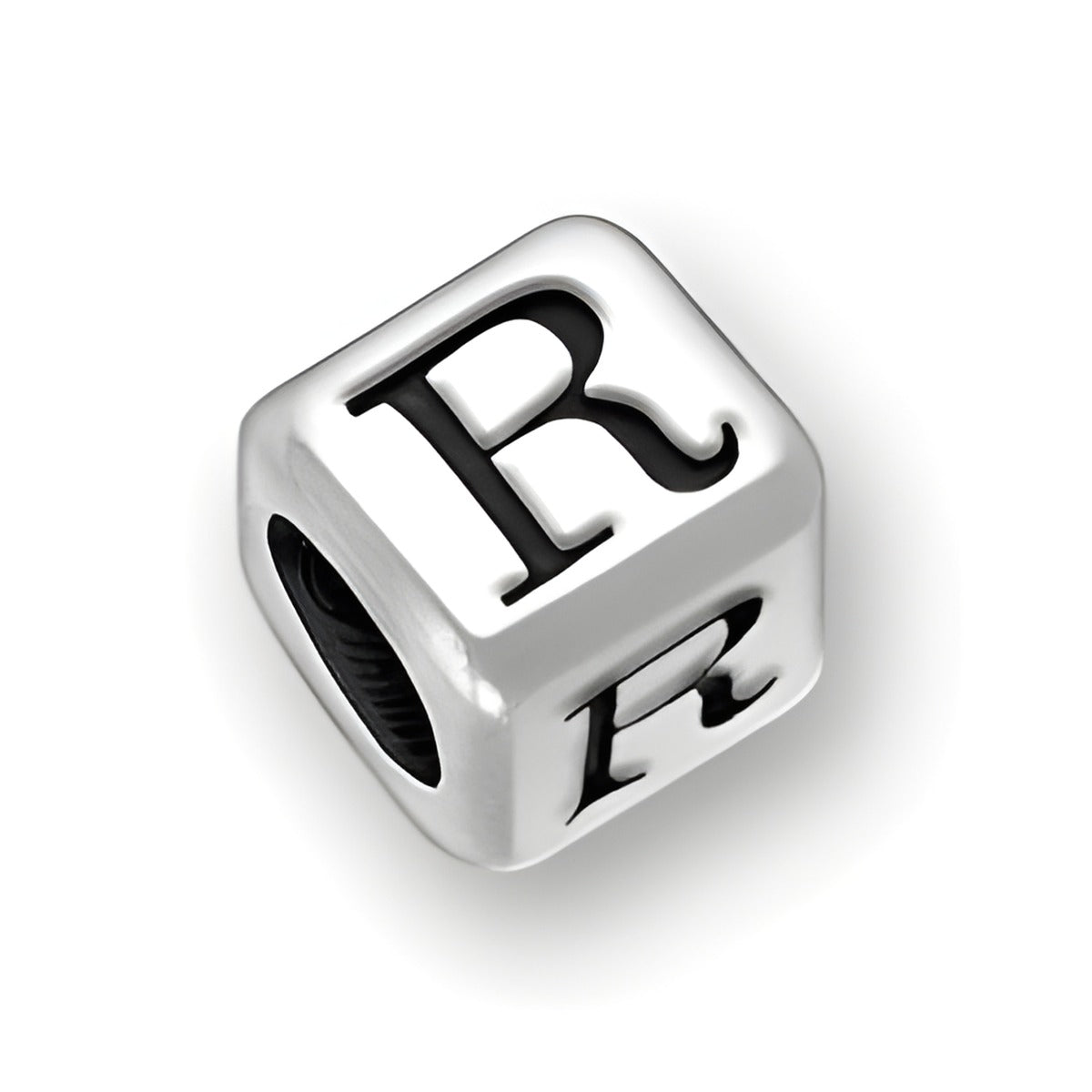 6mm rounded square letter block bead in sterling silver featuring the letter 'R' with a 4mm hole.