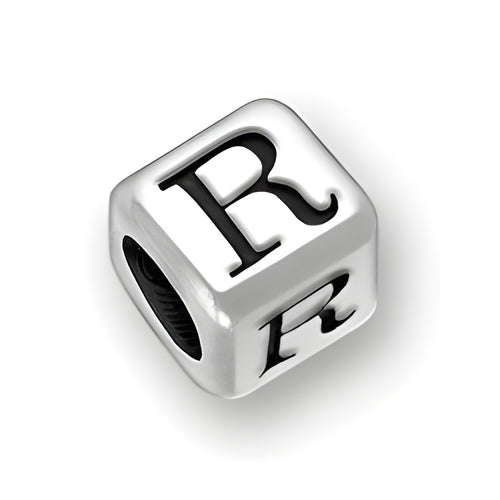 6mm rounded square letter block bead in sterling silver featuring the letter 'R' with a 4mm hole.