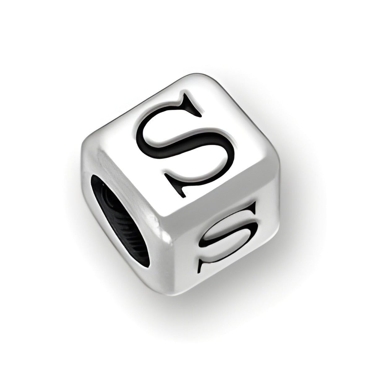 6mm Rounded Square Letter Block Bead in sterling silver featuring the letter 'S' with a 4mm hole.