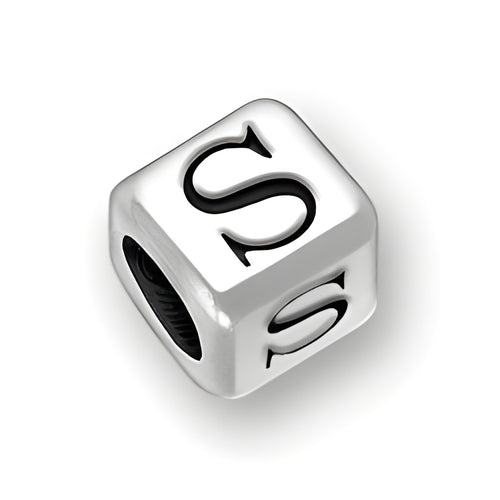 6mm Rounded Square Letter Block Bead in sterling silver featuring the letter 'S' with a 4mm hole.