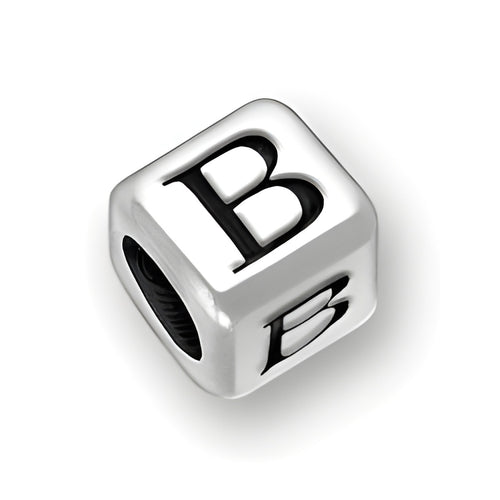 6mm Rounded Square Letter Block Bead in sterling silver featuring the letter 'B' with a 4mm hole.