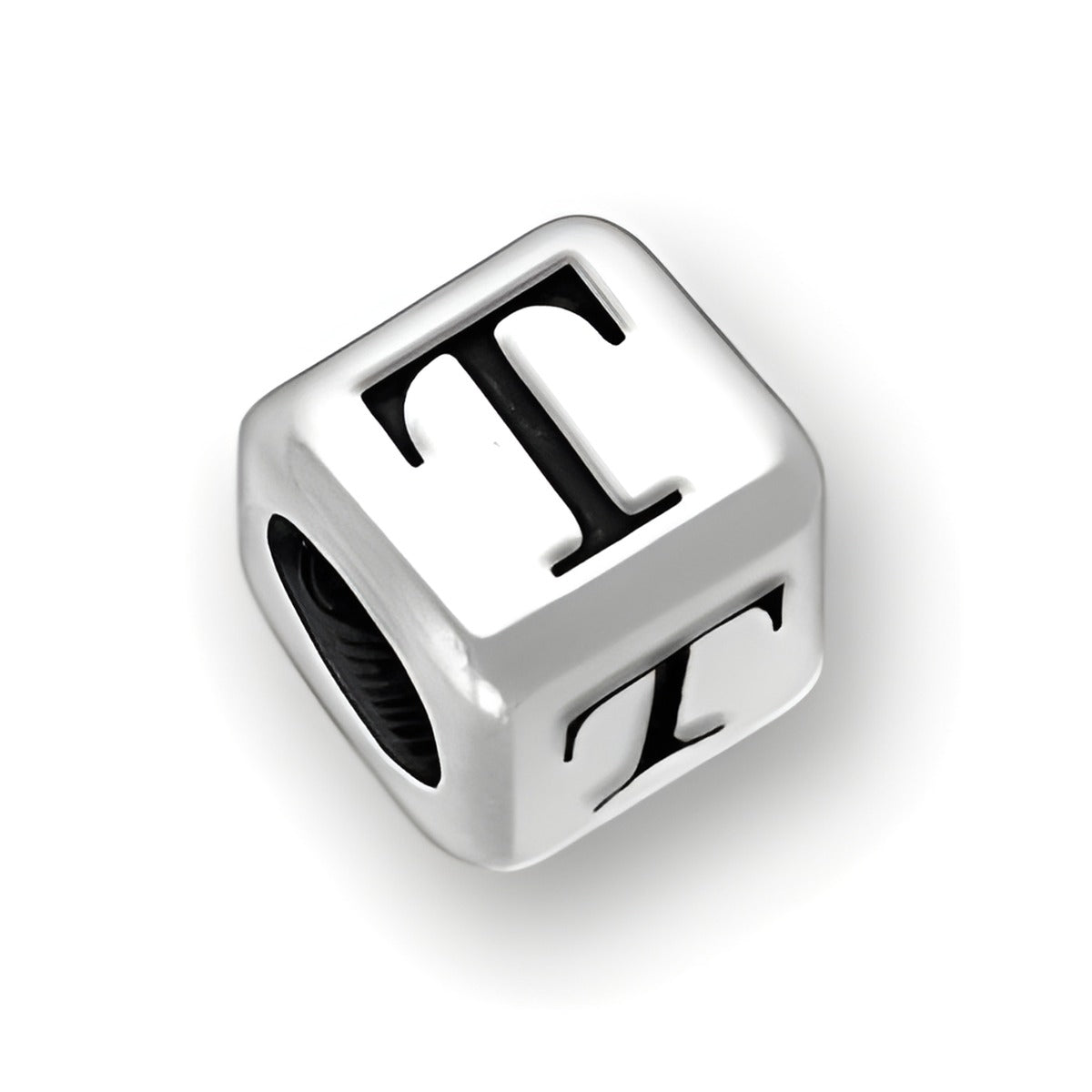 Sterling silver 6mm rounded square letter block bead featuring the letter 'T' with a 4mm hole.