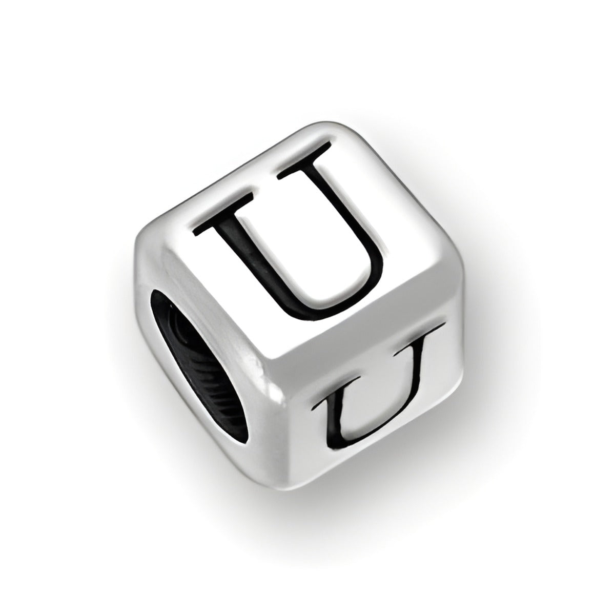 Sterling silver 6mm rounded square letter block bead featuring the letter 'U' with a 4mm hole.