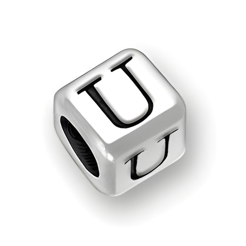 Sterling silver 6mm rounded square letter block bead featuring the letter 'U' with a 4mm hole.