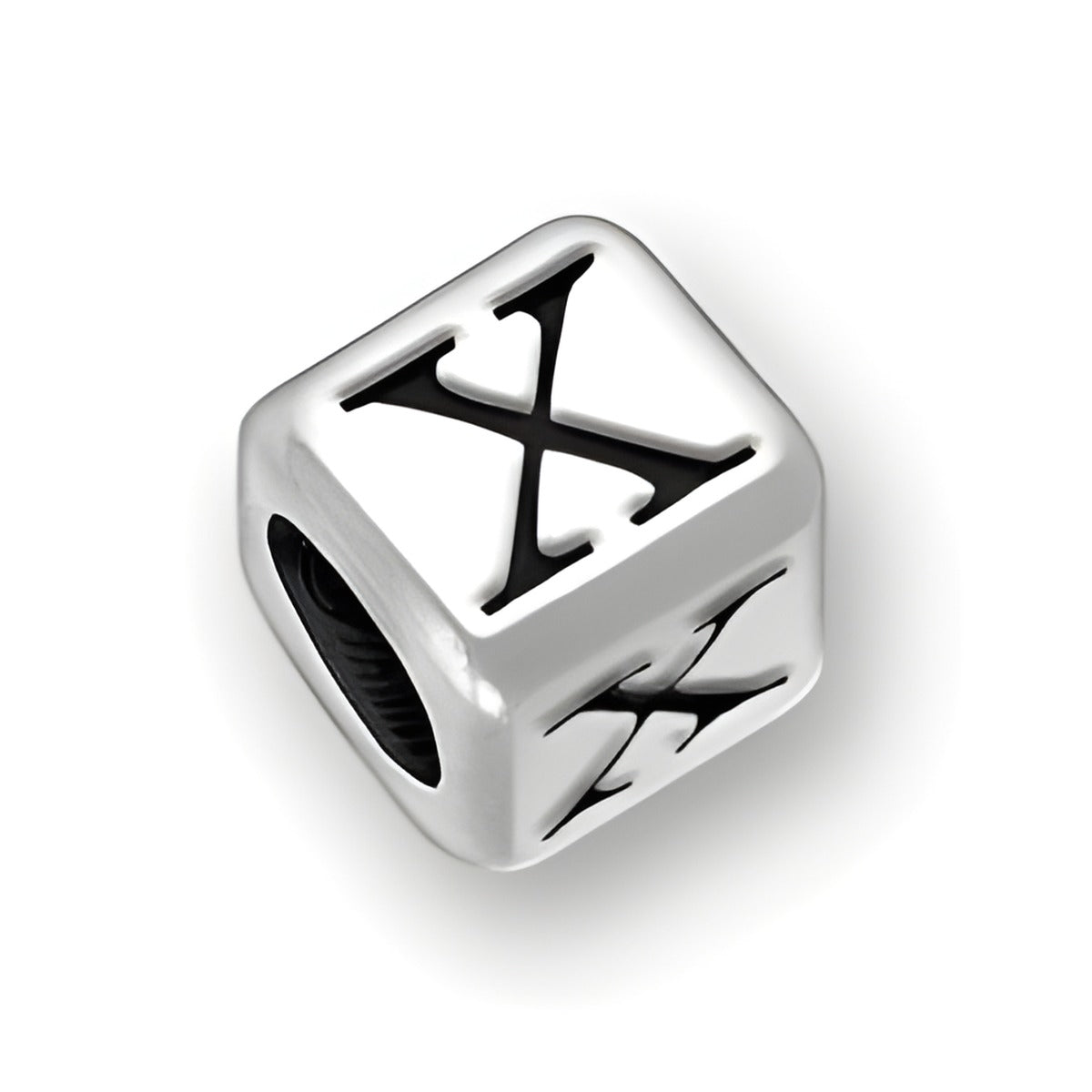 6mm rounded square letter block bead in sterling silver featuring the letter 'X' with a 4mm hole.