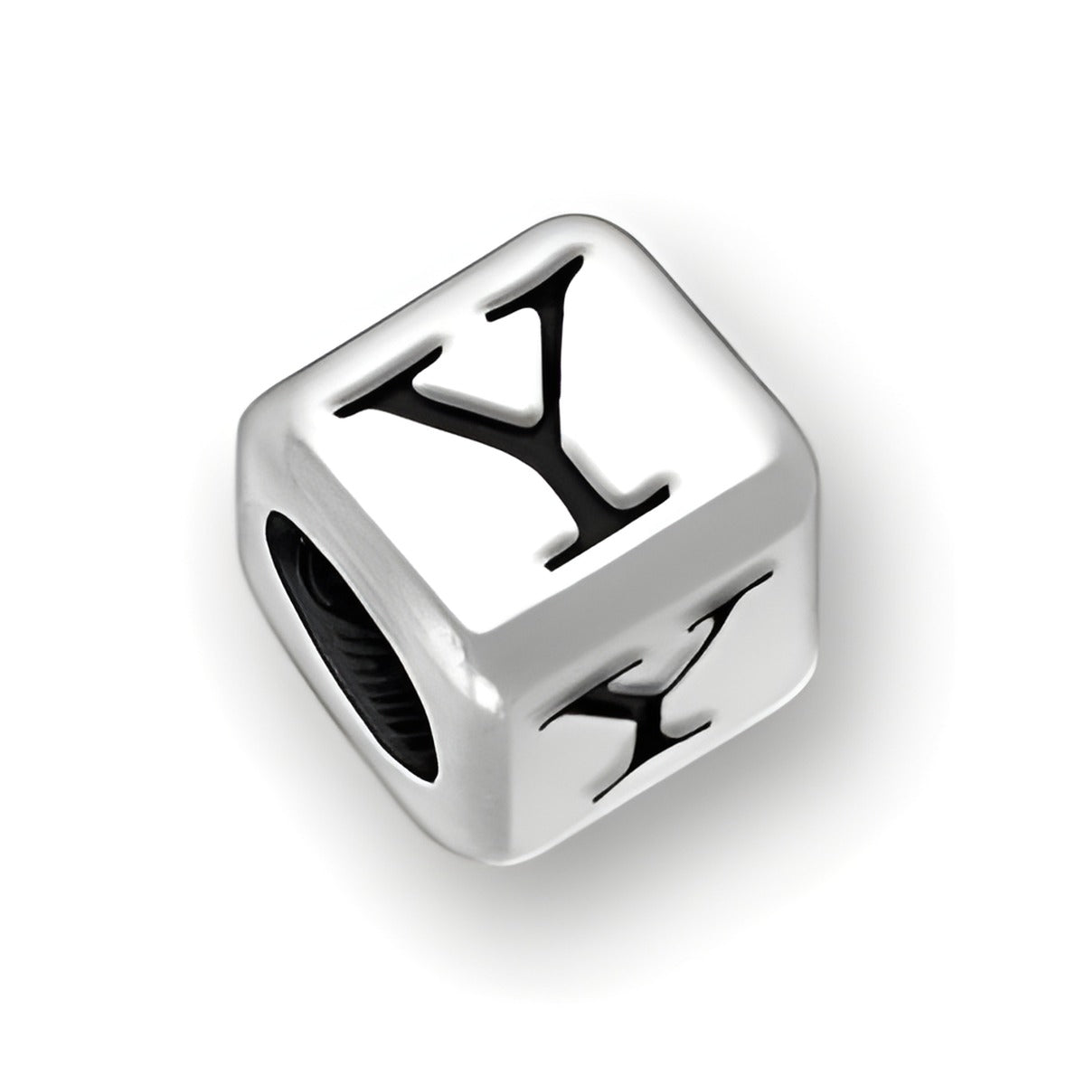 6mm rounded square letter block bead in sterling silver featuring the letter 'Y' with a 4mm hole.