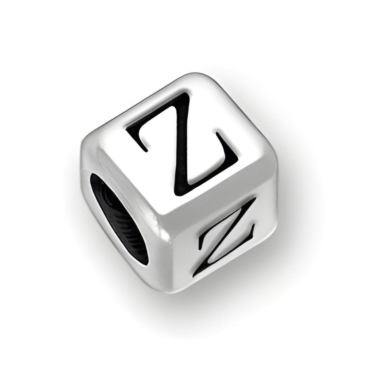 Sterling silver 6mm rounded square letter block bead featuring the letter 'Z' with a 4mm hole for threading.