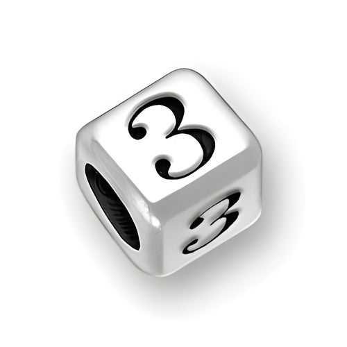 6mm rounded square letter block bead in sterling silver, featuring the number 3 on two sides and a 4mm hole.