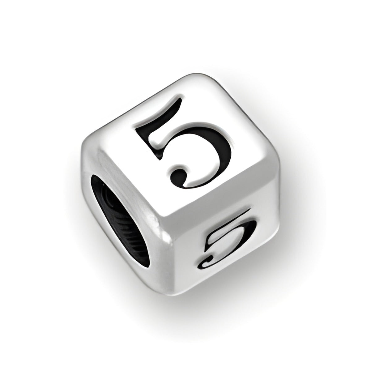 6mm rounded square letter block bead in sterling silver, featuring the number 5, with a 4mm hole for stringing.