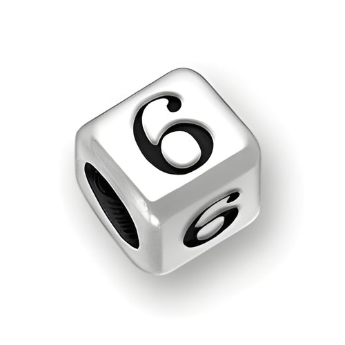 6mm rounded square letter block bead in sterling silver featuring the number 6, with a 4mm hole for threading.