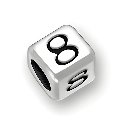 6mm rounded square letter block bead in sterling silver featuring the number 8, with a 4mm hole for threading.