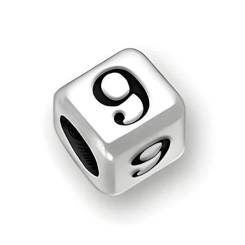 6mm rounded square letter block bead in sterling silver, featuring the number 9 in black on two sides.