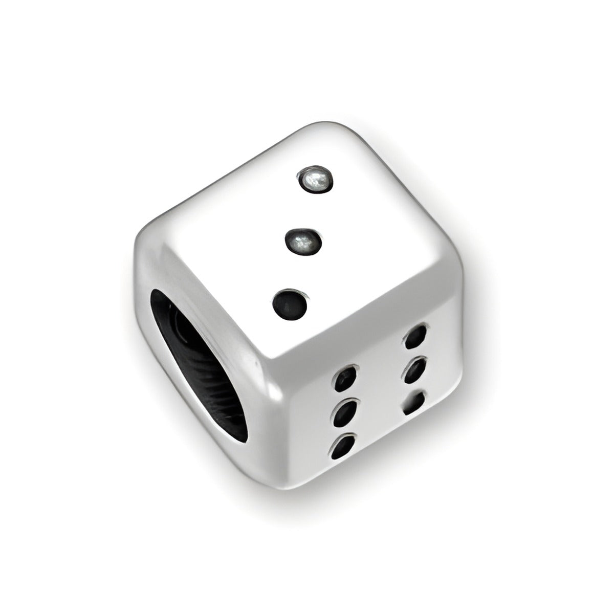 6mm Rounded Square Letter Block Bead in sterling silver, designed as a dice symbol with black dots.