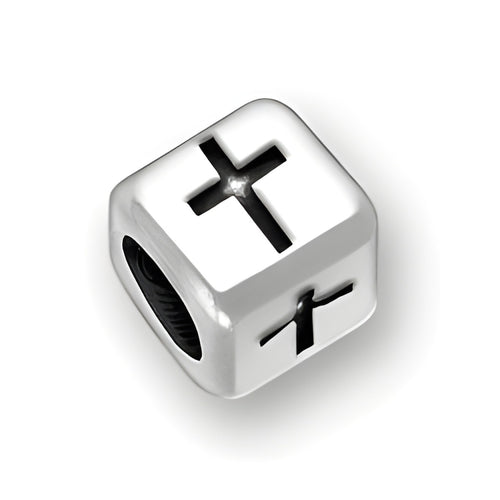 Sterling silver 6mm rounded square letter block bead with cross symbols on two sides and a 4mm hole.