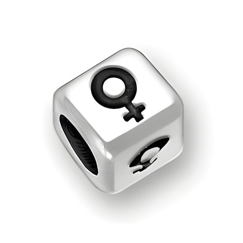 6mm Rounded Square Letter Block Bead in sterling silver featuring a female symbol design and a 4mm hole.