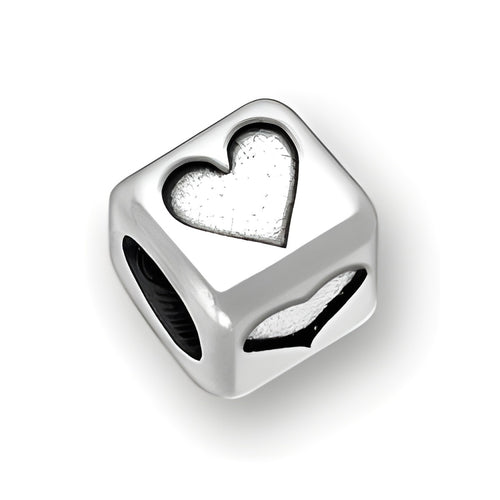 6mm Rounded Square Letter Block Bead in sterling silver featuring a heart symbol cutout and a 4mm hole.